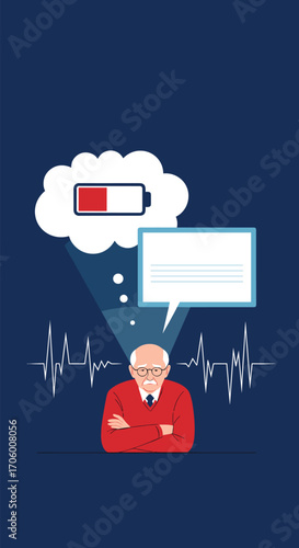 Senior man with low energy represented by a battery icon in a thought bubble.