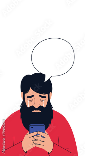 Sad man looking at his phone with a thought bubble above him.