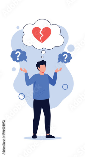 A man stands between two question marks considering a broken heart.