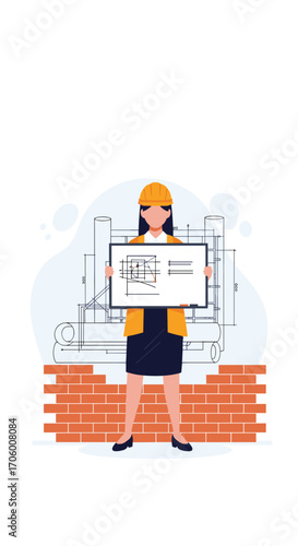 Female architect holding blueprint on construction site with brick wall.
