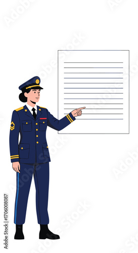 A female police officer in a uniform points at a lineup.