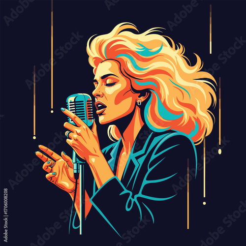 Vibrant pop art illustration of a glamorous female singer with blonde hair and a vintage microphone.