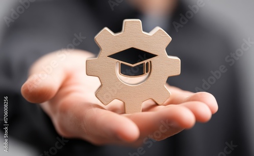 A person's palm holds a light brown cogwheel shape with a graduation cap symbol in the center, against a blurry gray background, suggesting progress
