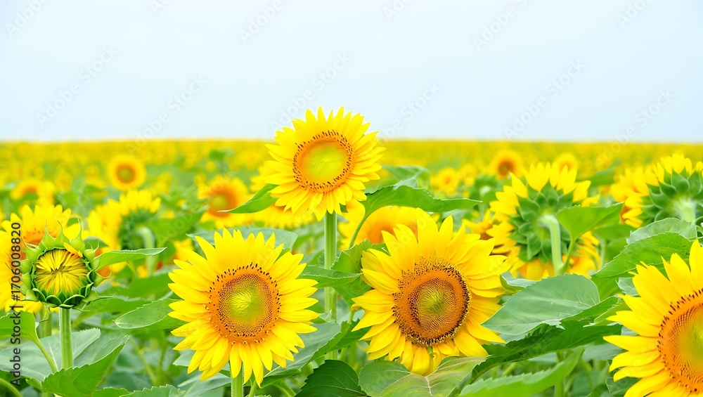 Fototapeta premium Vast field of bright yellow sunflowers under a pale sky