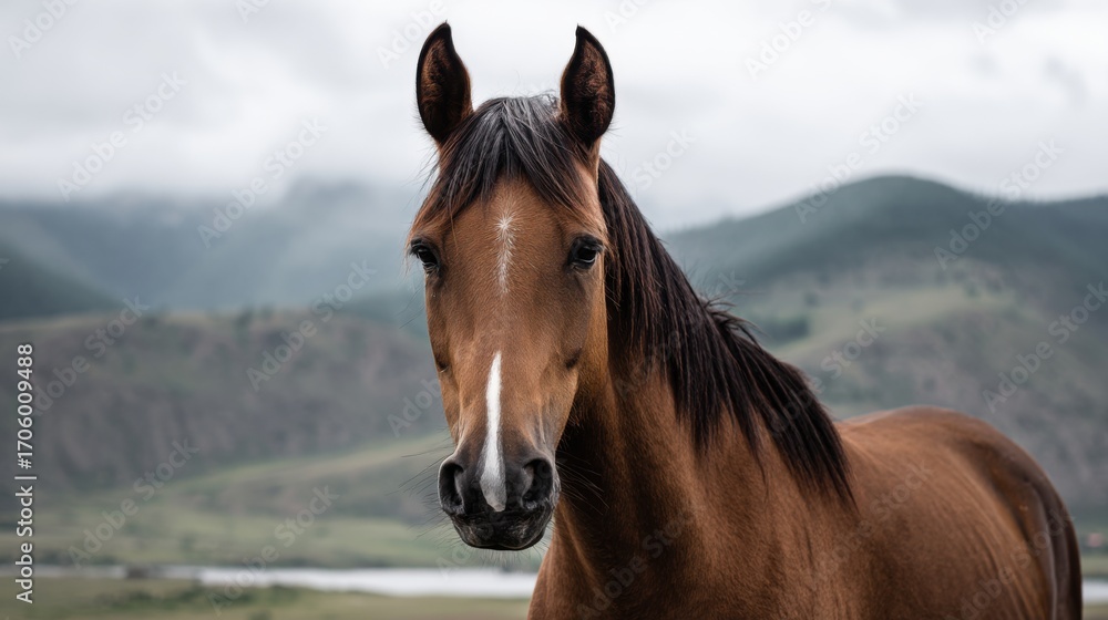 Obraz premium Majestic Brown Horse Portrait Against Scenic Mountain Backdrop
