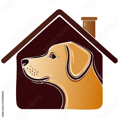 A stylized illustration of a dog's head inside a house silhouette, representing pet care or a veterinary clinic.