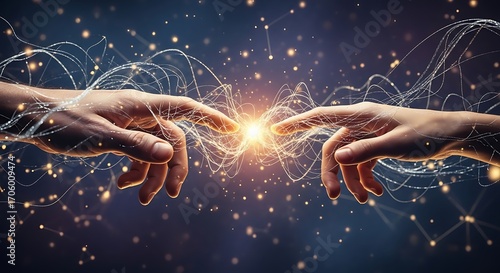 Two hands touching creating a digital network connection.