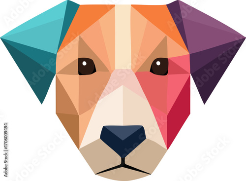 A stylized geometric illustration of a dog's face with colorful triangular facets.