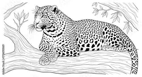 Intricate Jaguar Resting on Tree Branch Detailed Black and White Line Art Coloring Page Jungle Wildlife Big Cat