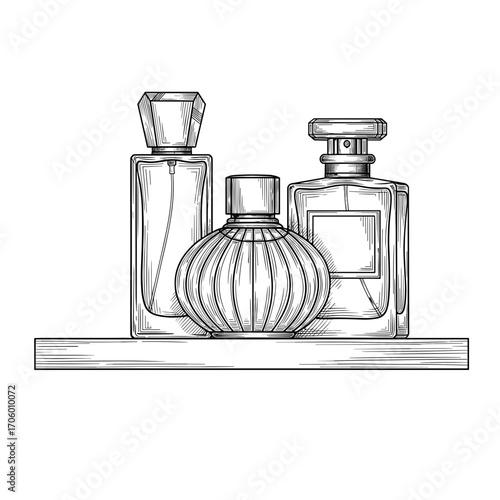 Vintage engraving ink sketch of three perfume bottles on shelf, black and white vector illustration SVG for fragrance