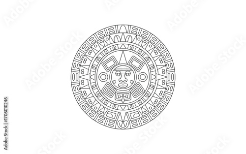 Aztec Calendar Stone Line Art: Ancient Symbolism and Cultural Heritage Illustration for Coloring Books and Educational Resources on Indigenous Mesoamerican History