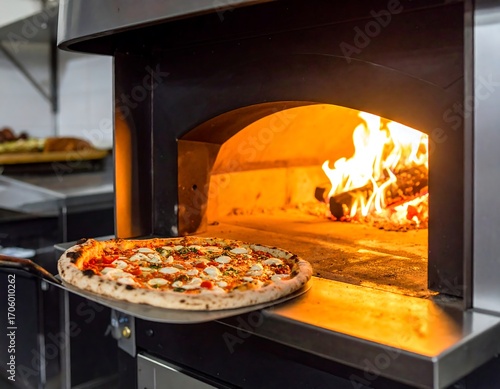 Pizza baking in wood-fired oven
