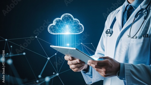 Doctor using cloud technology on tablet, offering modern digital healthcare solutions and innovation for patient care