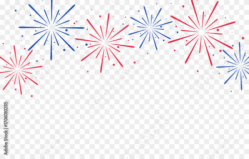 Vector red and blue fireworks png. Simple fireworks with sparks on transparent background. Christmas holiday background.
