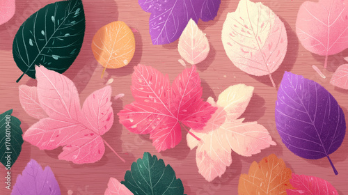 autumn background with colorful leaves on wooden texture, seasonal design for invitations, cards, posters and decorations	