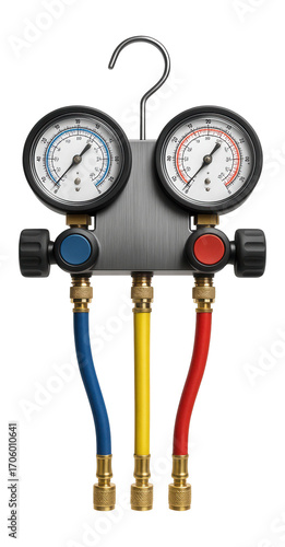 Manifold gauge set with color-coded hoses for refrigerant system analysis.