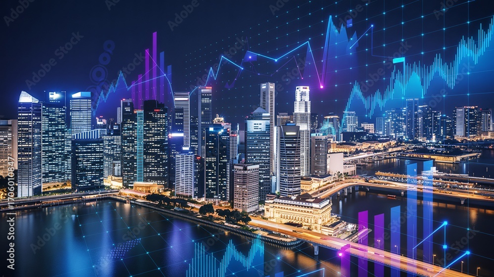 Fototapeta premium Stunning cityscape with financial data overlay, ideal for investment and business strategy presentations