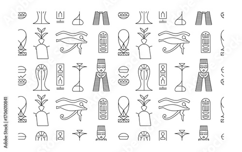 Ancient Egypt Seamless Pattern: Black Outline Hieroglyphics with Eye of Horus, Cartouche, Pharaoh, Lotus, Isis knot on White Background for Textile and Paper Design