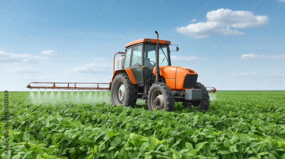 Obraz premium Agricultural tractor spraying pesticide over lush green soybean field under clear blue sky with fluffy clouds in the background, showcasing modern farming techniques.