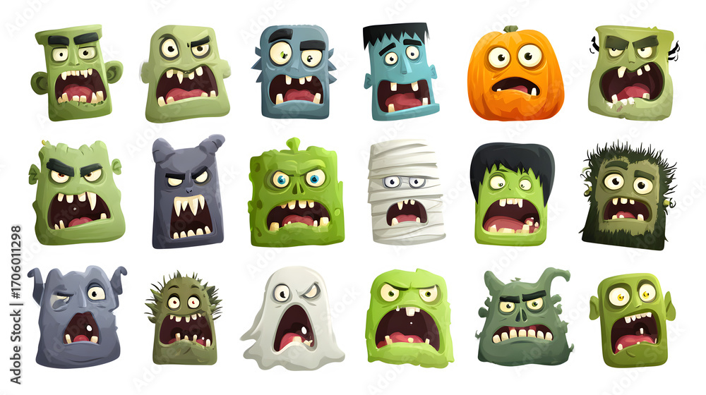 Obraz premium Cartoon horror Halloween icon vector set with sticker designs, AI generated, isolated on white background