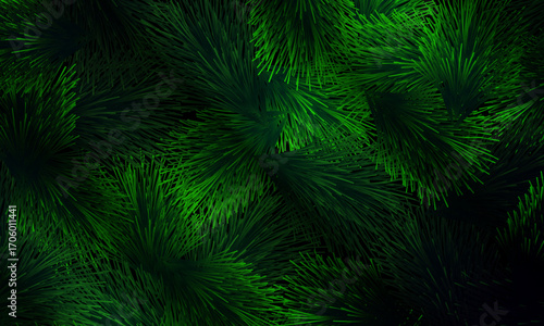 Green pine needles pattern on dark background. nature decoration.