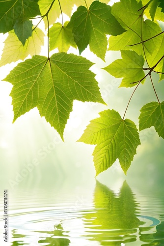 Several sunlit green maple leaves hang from slender branches above a gently rippling pool of water, their veins and reflections softly illuminated against a blurred, lush green backdrop.