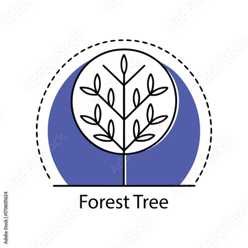 Vector art of stylized forest tree logo with a blue circle and dashed outline, representing nature and growth