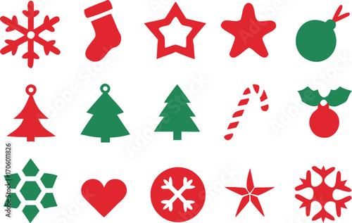 Vector art of assortment of red and green christmas icons, featuring snowflakes, trees, stars, stockings, candy canes, and ornaments