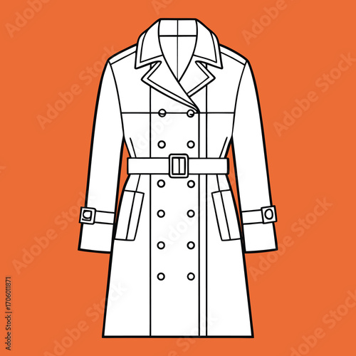 Minimalist outline illustration of a classic trench coat with clean lines and a modern aesthetic