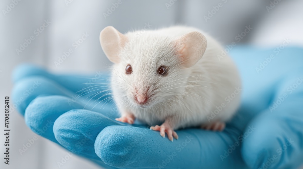 Fototapeta premium White laboratory mouse sitting gently on a gloved hand in a clinical environment showcasing research and animal care in a scientific setting