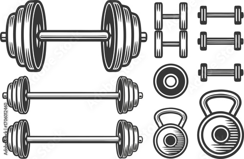 Collection Of Vintage Style Dumbbells And Weights barbell