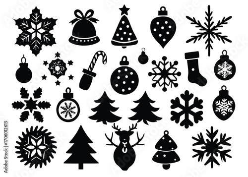 Vector art of collection of black christmas ornaments and snowflakes