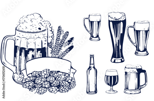 Beer brewery icons collection. Glasses, bottle, barrel hand drawn elements for pub, bar menu. Vector sketch illustration