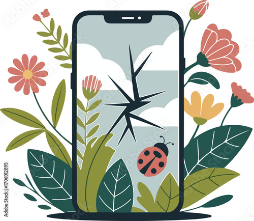 Digital Detox Concept — Smartphone Growing Flowers, Nature Reclaiming Tech, Flat Vector for Eco Wellness and Mindful Living