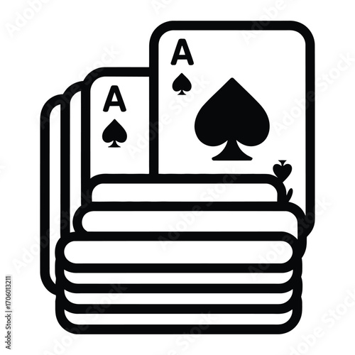 Blackjack silhouettes dealer and player with cards and chip stacks vector isolated black and white