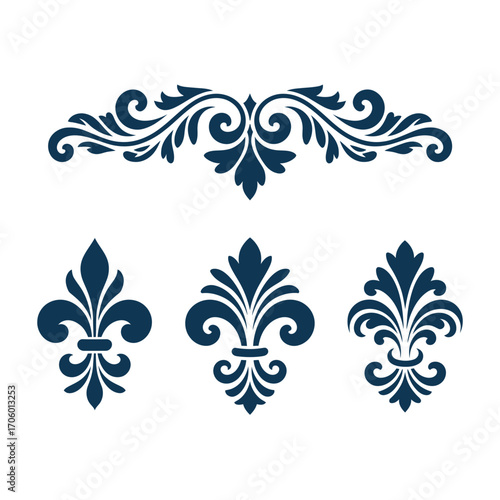 Elegant Fleur De Lis Vector Designs and Ornamental Elements for Creative Projects and Design Applications Featuring Royal Blue Accents