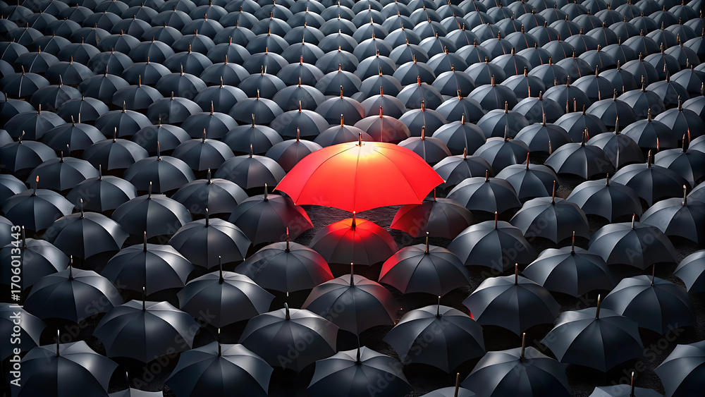 Obraz premium Minimalist glowing red umbrella in black umbrella crowd futuristic concept