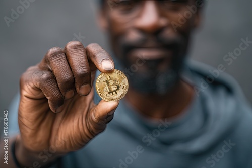 Close-up of a hand holding a gold bitcoin coin