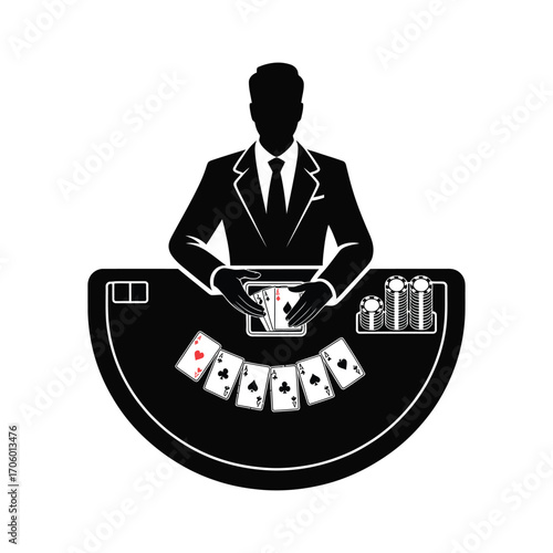 Blackjack silhouettes dealer and player with cards and chip stacks vector isolated black and white