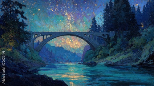 A serene, starry night over a bridge and river
