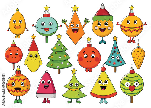 Vector art of funny anthropomorphic christmas ornaments and trees with expressive faces