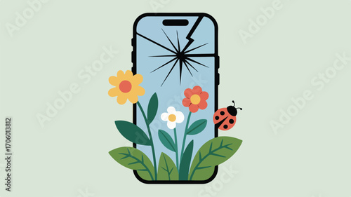 Digital Detox Concept — Smartphone Growing Flowers, Nature Reclaiming Tech, Flat Vector for Eco Wellness and Mindful Living