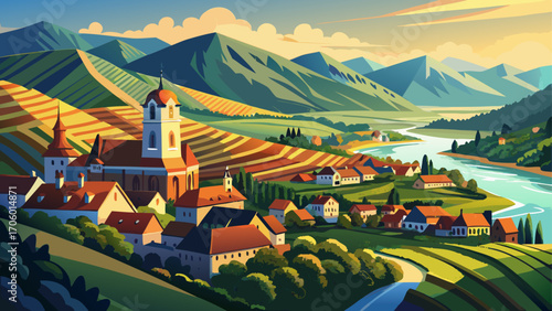 Wachau Cultural Landscape, Austria, a sunlit Danube valley of terraced vineyards, medieval towns, and baroque abbeys framed by gentle hills under a brilliant summer sky.