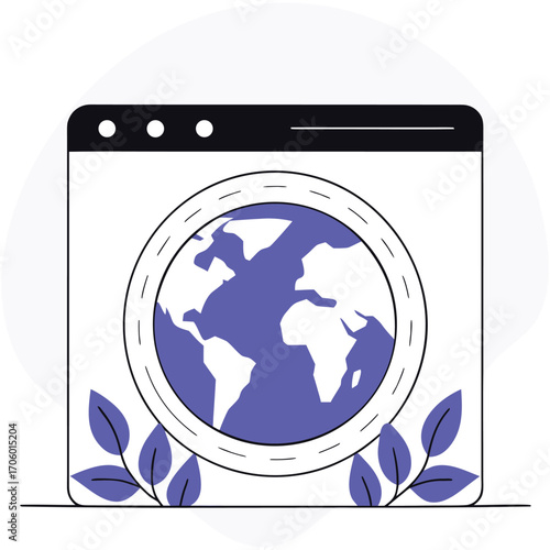 Vector art of web browser window displaying a globe, symbolizing internet access and global connectivity