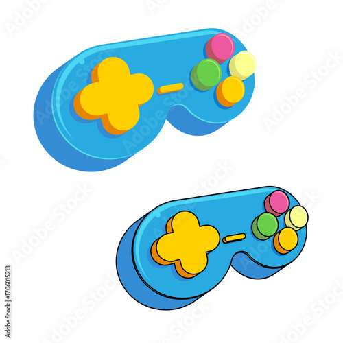 blue cartoon gamepad vector illustration, cute gaming console design for kids, fun graphic element for apps, websites, stickers, labels, creative game development, technology, entertainment