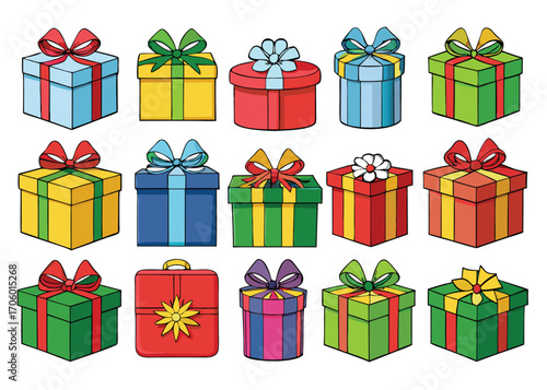 Vector art of an assortment of beautifully wrapped gift boxes with vibrant ribbons and bows