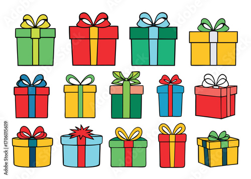 Vector art of a collection of colorful gift boxes with bows, perfect for holiday celebrations and special occasions