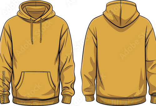 Yellow hoodie sweatshirt vector template, front and back view, fashion flat sketch design, pullover hoodie with ribbed cuffs, hood and kangaroo pocket illustration