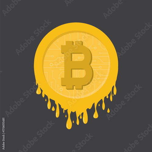 Digital coins have lost their value. Melting bitcoin coins. Bitcoin price collapse, crypto currency volatility price. Crypto crisis. Blockchain technology