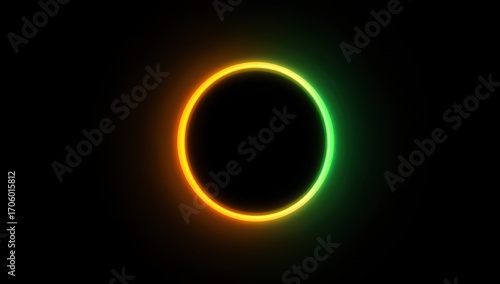 Vibrant, glowing neon circle design with orange and green hues against a striking black backdrop.